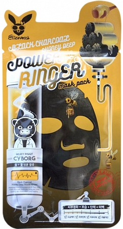 Elizavecca~Очищающая тканевая маска с углем и медом~Black Charcoal Honey Deep Power Ringer Mask