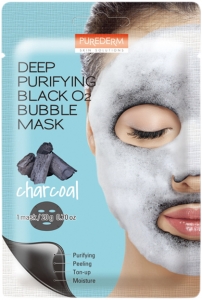 Purederm~Очищающая кислородная маска с углем~Deep Purifying Black Q2 Bubble Charcoal